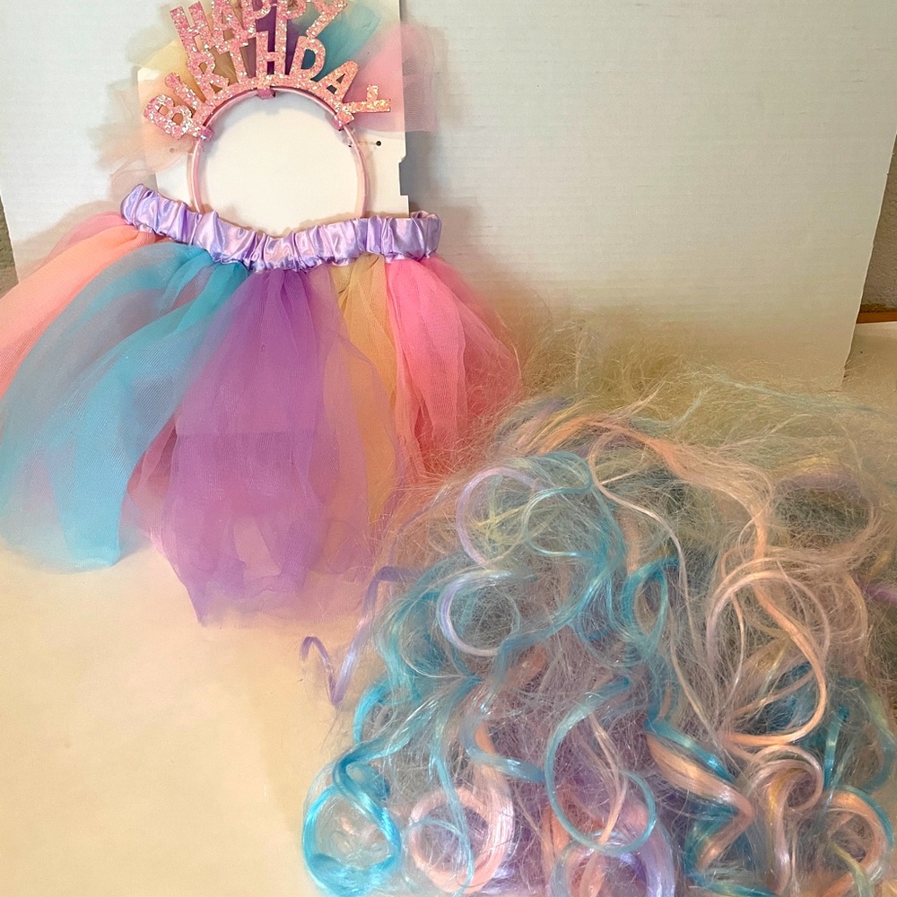 Cat & Jack Kid’s Birthday Tutu, Headband & Wig Dress Up New